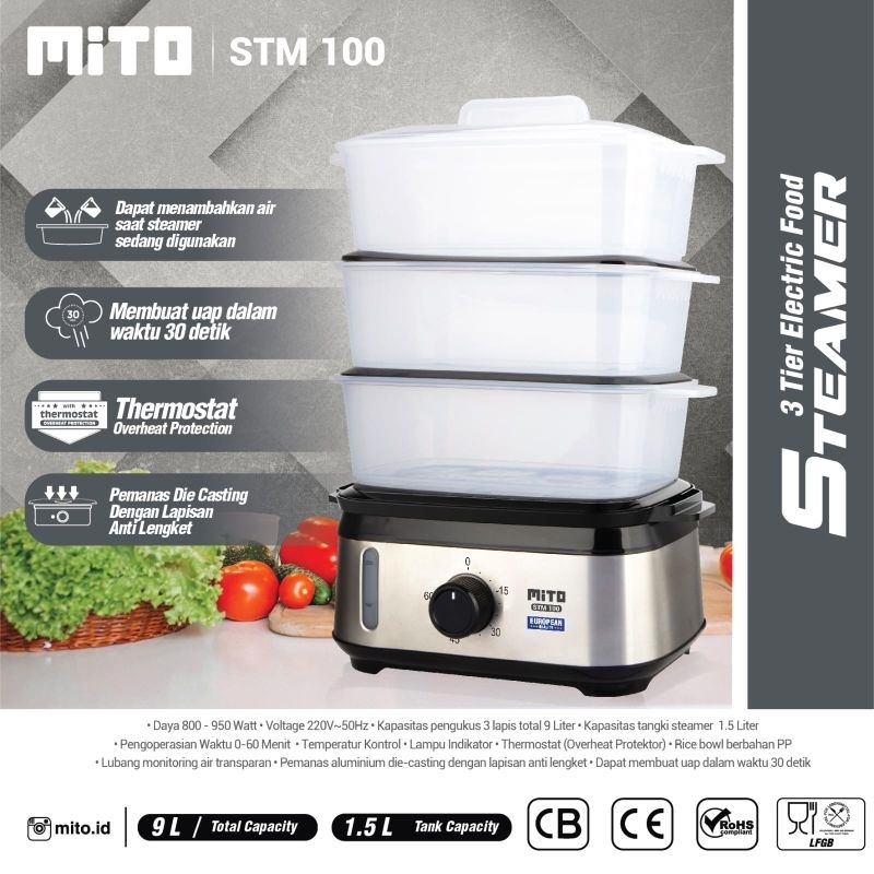 MITO ELECTRIC STEAMER FOOD STM 100 STM100 3 TIER TINGKAT KUKUSAN PENGUKUS ELEKTRIK STEAM UAP MITOCHI