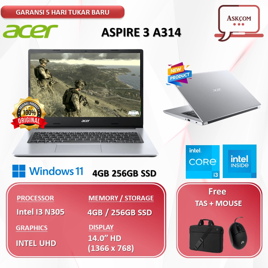 Laptop Acer Aspire 3 A314 I3 N305 4GB 256GB SSD W11PRE 14.0