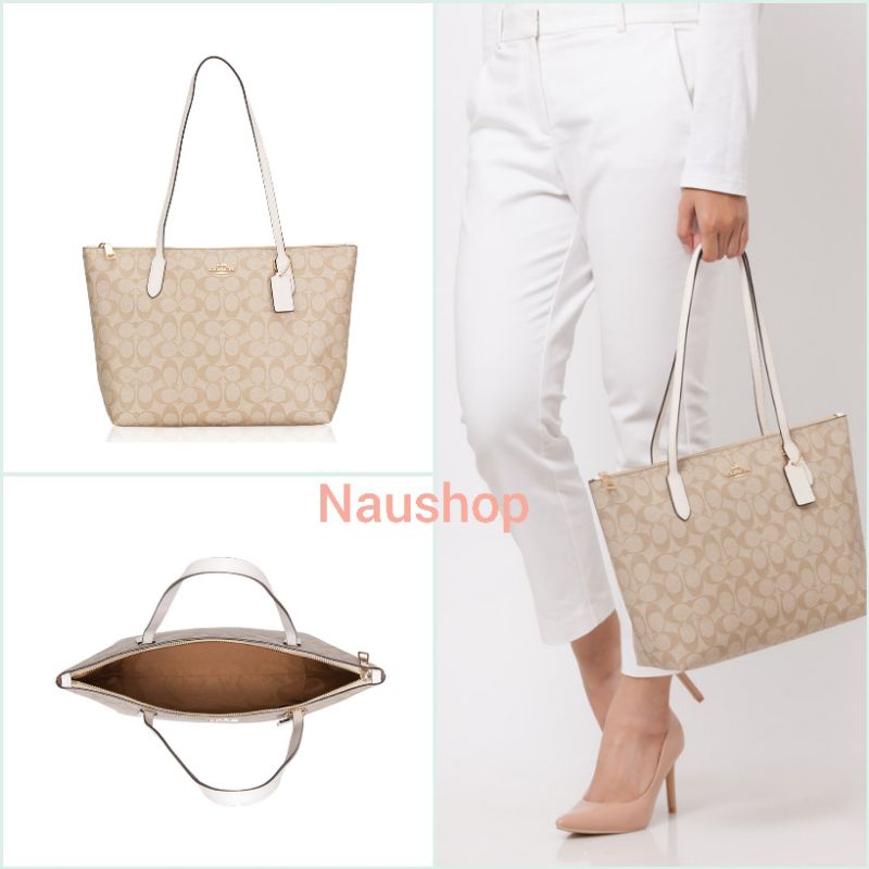 COACH 4455 Signature Zip Tote Khaki Chalk