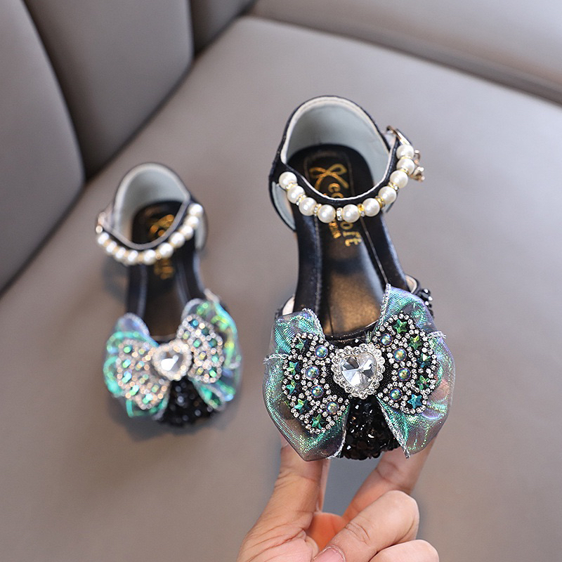 S777 Sepatu pesta anak perempuan import HITAM GOLD SILVER / party shoes pita bling bling manik mewah