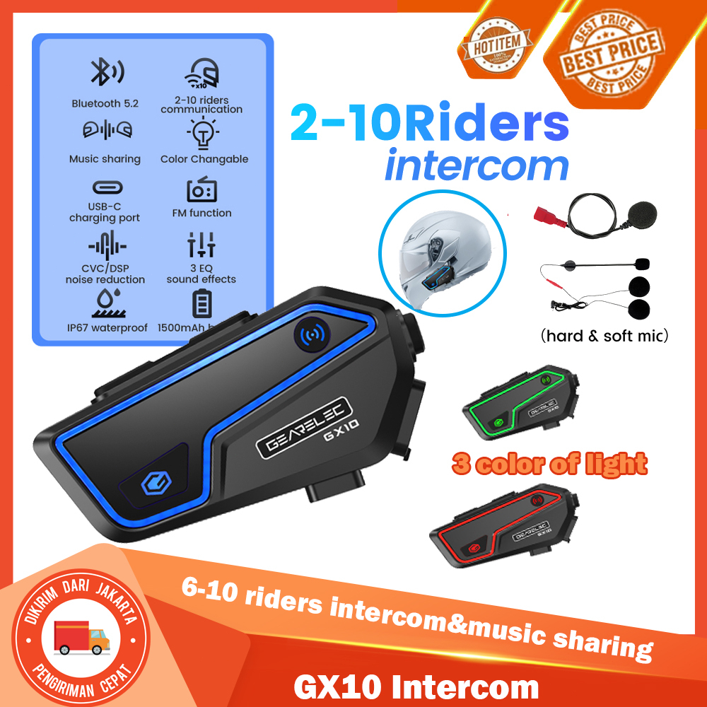 GEARELEC GX10 Bluetooth 5.2 Helm Sepeda Motor Interkom Hingga 10 Pengendara IP67 Tahan Air bisa berbagi musik dengan FM