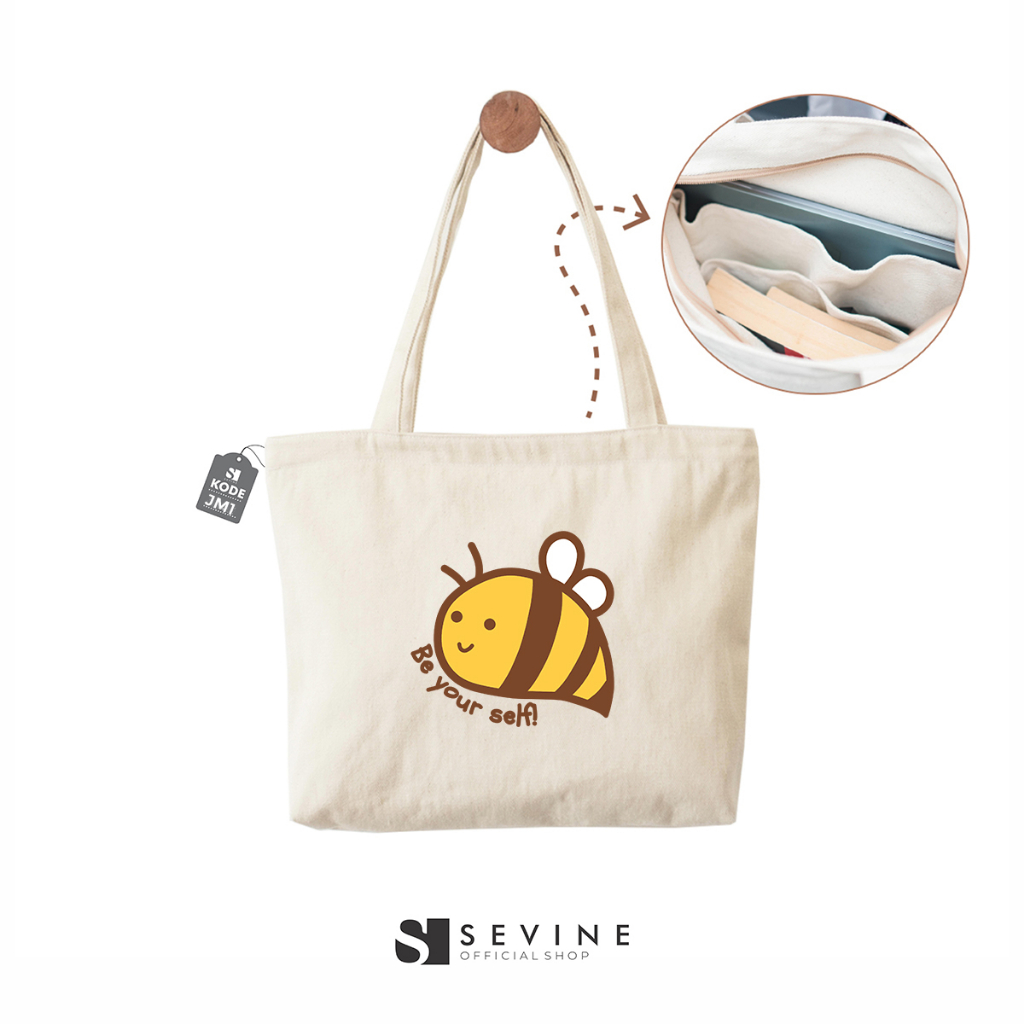 Sevine Tote Bag Kanvas Emily Resleting Kantong Tas Wanita Sekolah Kuliah Fashion Totebag Kerja Aesthetic - JM