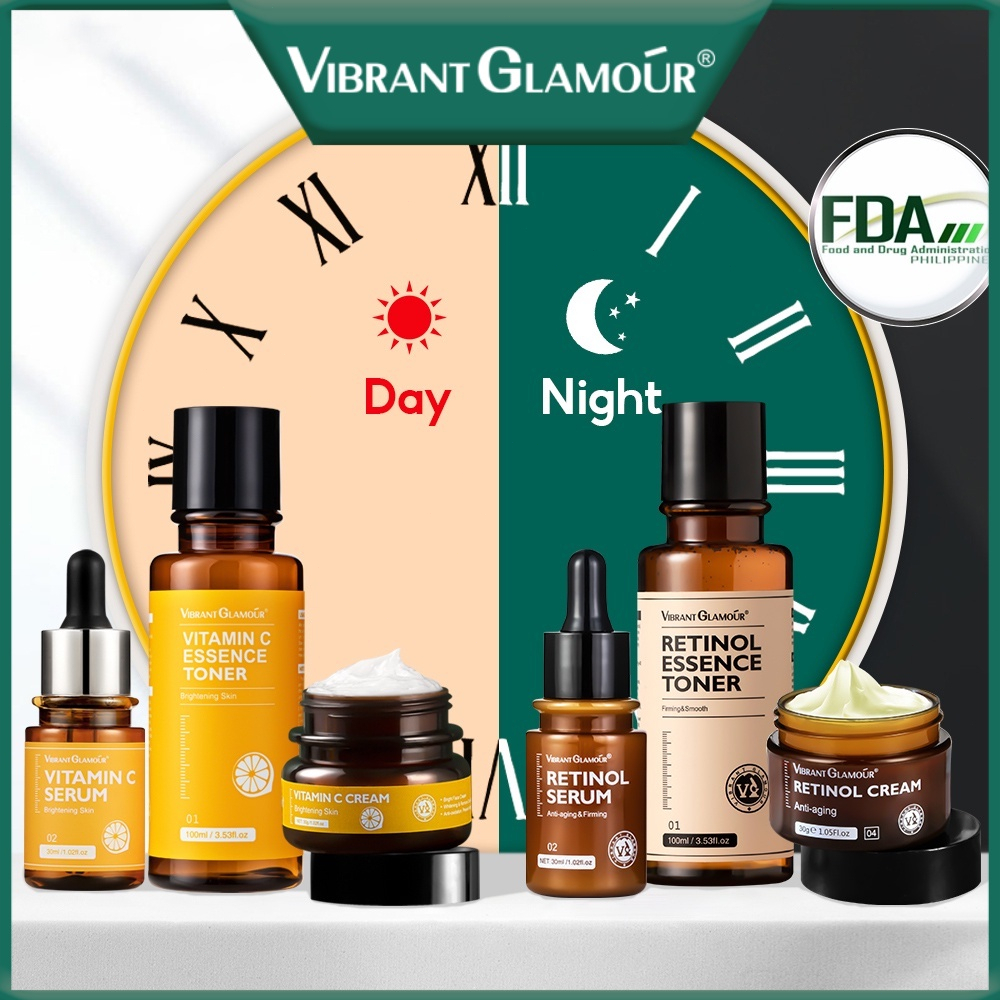 Vibrant Glamour Natural Advanced Retinol Cream Set Anti aging Memudarkan kerutan Night Cream Pelembab Wajah 30g Vit C Cream Pemutih Wajah Meringankan Flek Hitam Skincare Day Cream Set