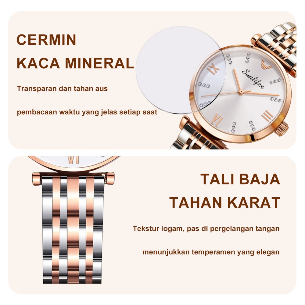 Sunlifex Jam Tangan Wanita Berlian 9018 Original Anggun Santai Wanita Tali Stainless Steel Jam Tangan Cewek-4
