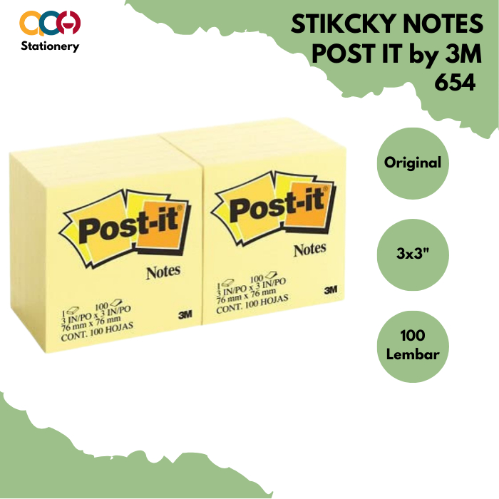 

Sticky Notes Post It 3M 654 Warna Kuning 76mm x 76mm (3”x3”) 1 Pak