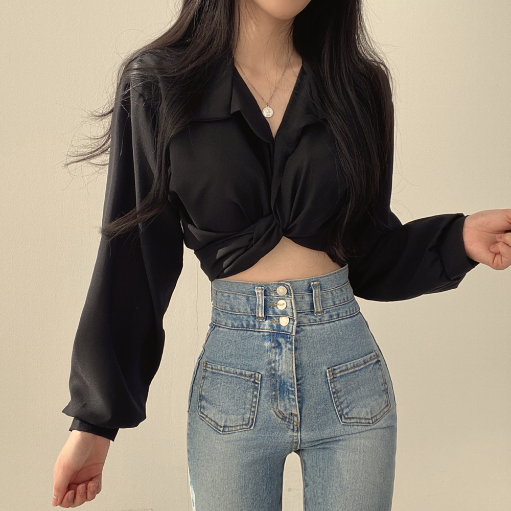 EUNII Blouse Crop Kaos Wanita Lengan Panjang Wanita Mengikat Terbaru Korean Style