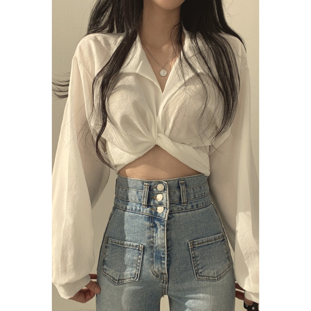 EUNII Blouse Crop Kaos Wanita Lengan Panjang Wanita Mengikat Terbaru Korean Style