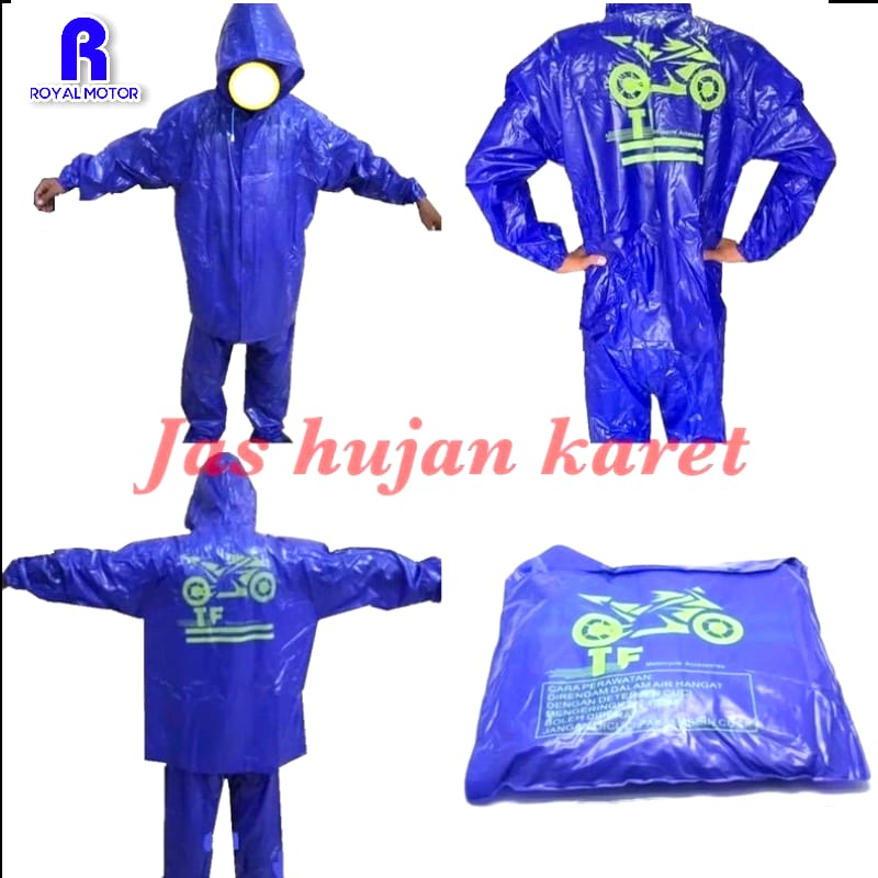 JAS HUJAN SETELAN BAJU + CELANA DEWASA BAHAN KARET TEBAL BERKUALITAS MERK TF ALL SIZE