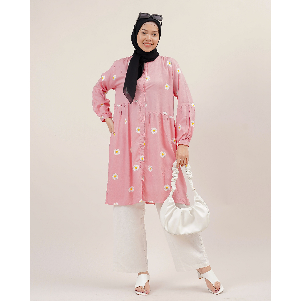 TUNIK PREMIUM TERBARU MOTIF TITIK BUNGA MATAHARI PINK HIJAU ABSTRAK POLOS ELEGAN 166
