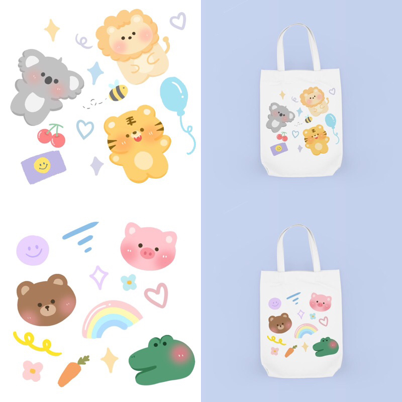 Tas serut atau string bag dan tote bag bergambar karakter cute dan lucu hewan/animal/lion/pig/bear/frog/duck