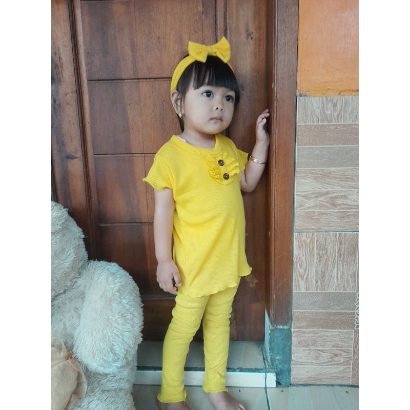 Baju Setelan Anak Perempuan Ruffle Knit + Bonus Bandana | Baju Oneset Ruffle Knit Tee Bahan Rib Knit Halus Dan Lembut