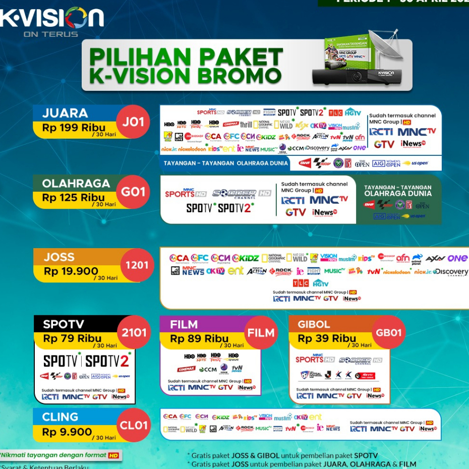 HWM PAKET KVISION K-vision GIBOL SPOTV FILM OLAHRAGA JUARA 30 HR New
