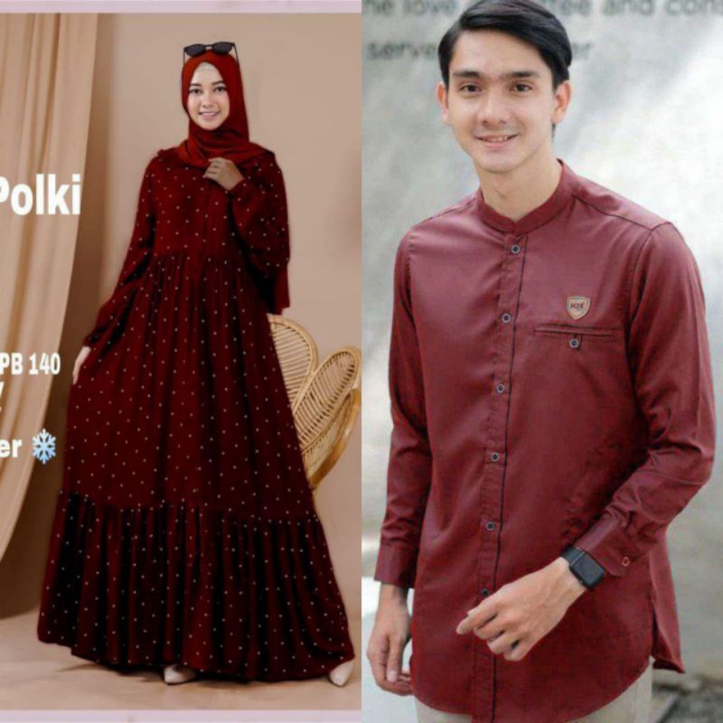 [PN] COUPLE RANIA POLKI GAMIS POLKADOT SUPER BIG SIZE LD 120+BAJU KOKO POLOS LENGAN PANJANG WARNA ME