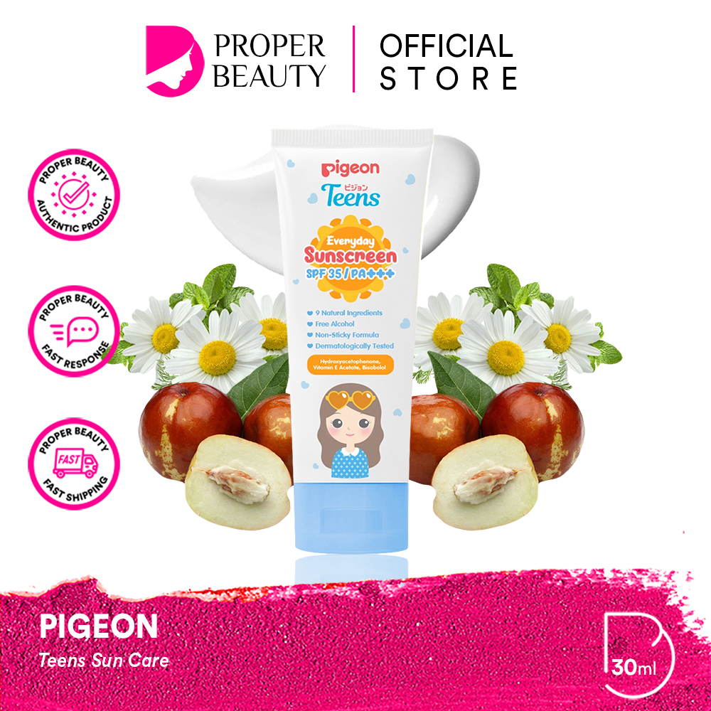 PIGEON Teens Sun Care Indonesia / Sunblock Wajah / Everyday Sunscreen SPF 35/PA+++ / Suns Screen Sunscren Suncreen Sunblok UV UVB UVA Shield Protect Protection Tabir Surya Day Night Cream Gel Serum Spray Krim Lotion / Skincare Suncare Series Anak Remaja