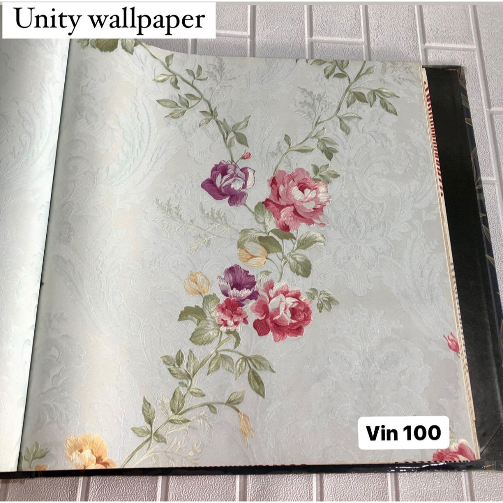 WALLPAPER DINDING BUNGA MAWAR SHABBY SALUR MERAH PINK VINCENZO