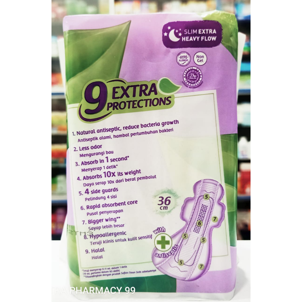 Softex Daun Sirih 𝟐𝟗𝐜𝐦 𝐈𝐬𝐢 𝟐𝟒𝐖𝐈𝐍𝐆 𝐩𝐚𝐝𝐬 - Pembalut Wanita Sayap 9 Extra Protect