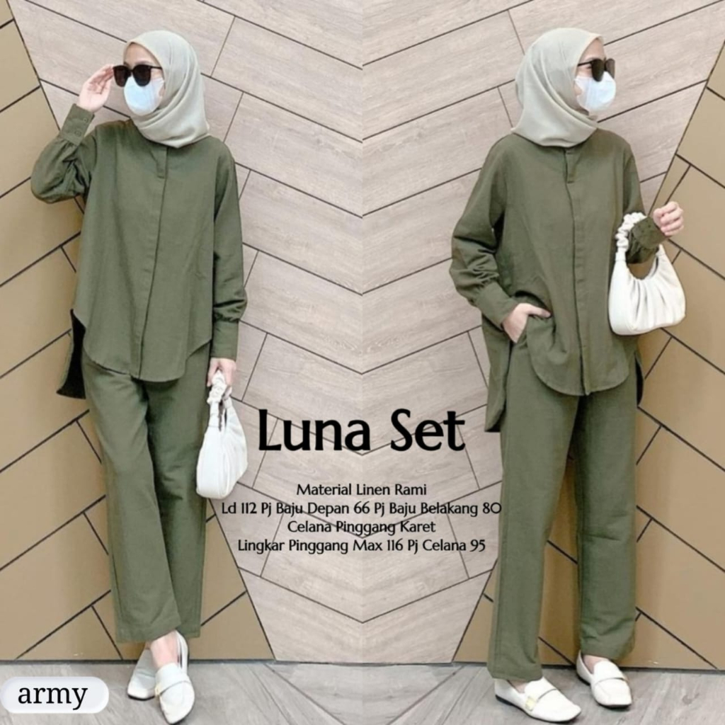 LUNA SET Baju Setelan Wanita Terbaru LD 112 Setcel Oneset Bahan Linen Rami Premium Harian Ibu Cewe C