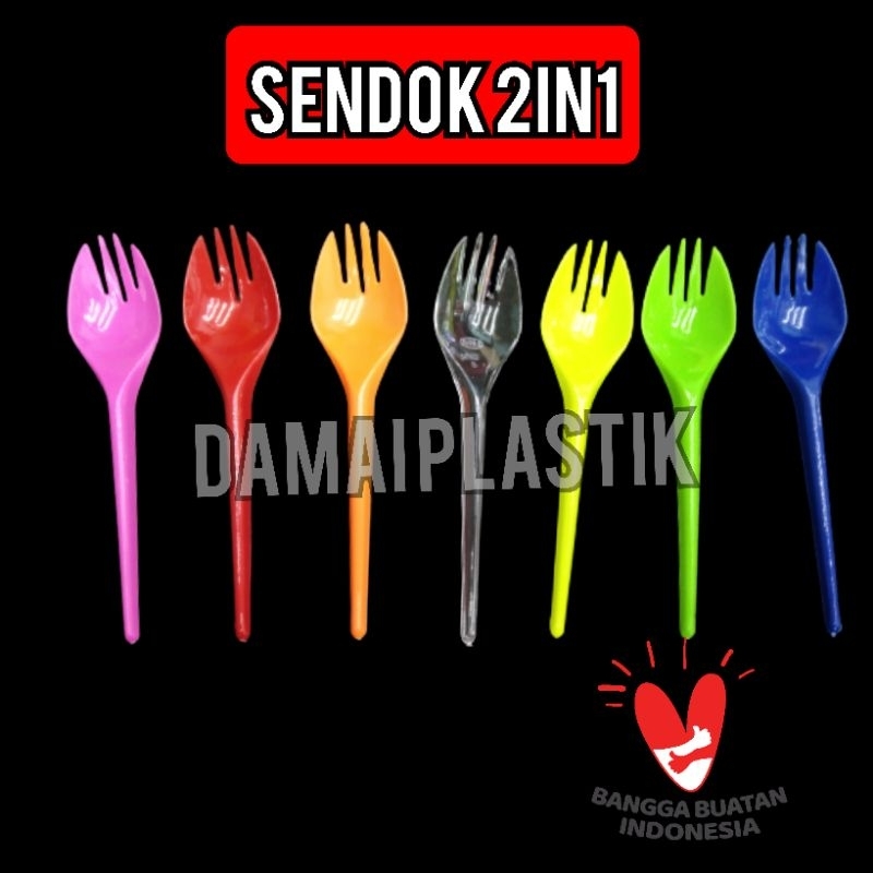 Sendok spork Garpu 2in1 Warna Hitam Merah Hijau Kuning Pink Bening Biru Orange Ungu Putih