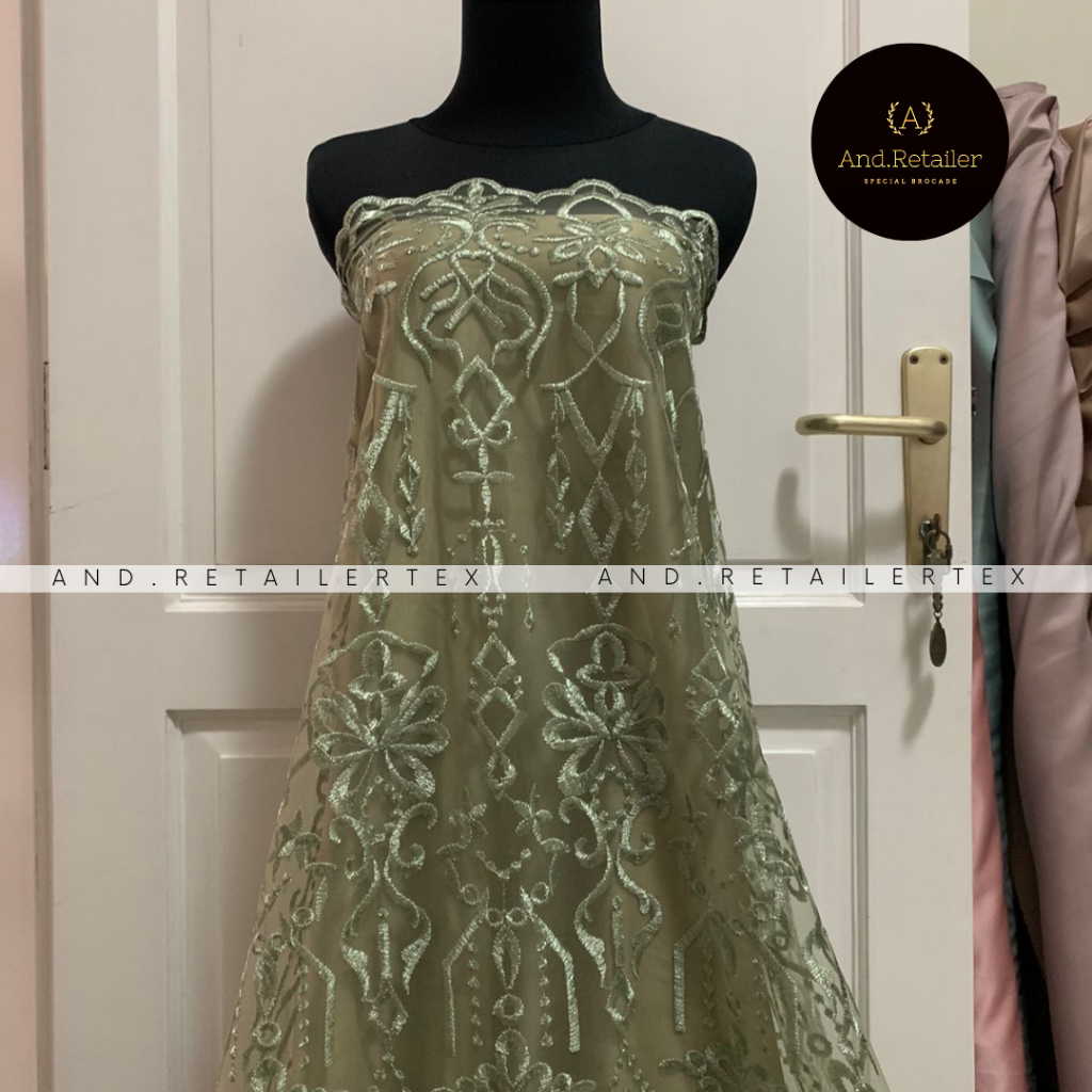 Bahan Kebaya Brokat Tile Etnic Madeline New Series Warna Hijau Sage Green