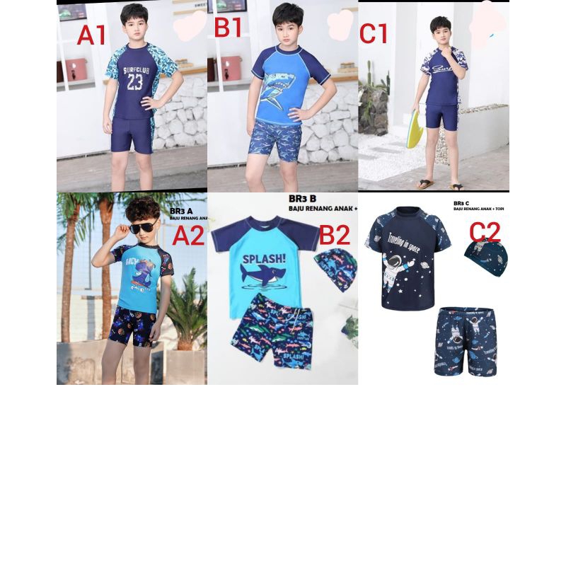 BAJU RENANG ANAK COWO LENGAN PENDEK  / BAJU RENANG COWO 4-14TH FREE TOPI