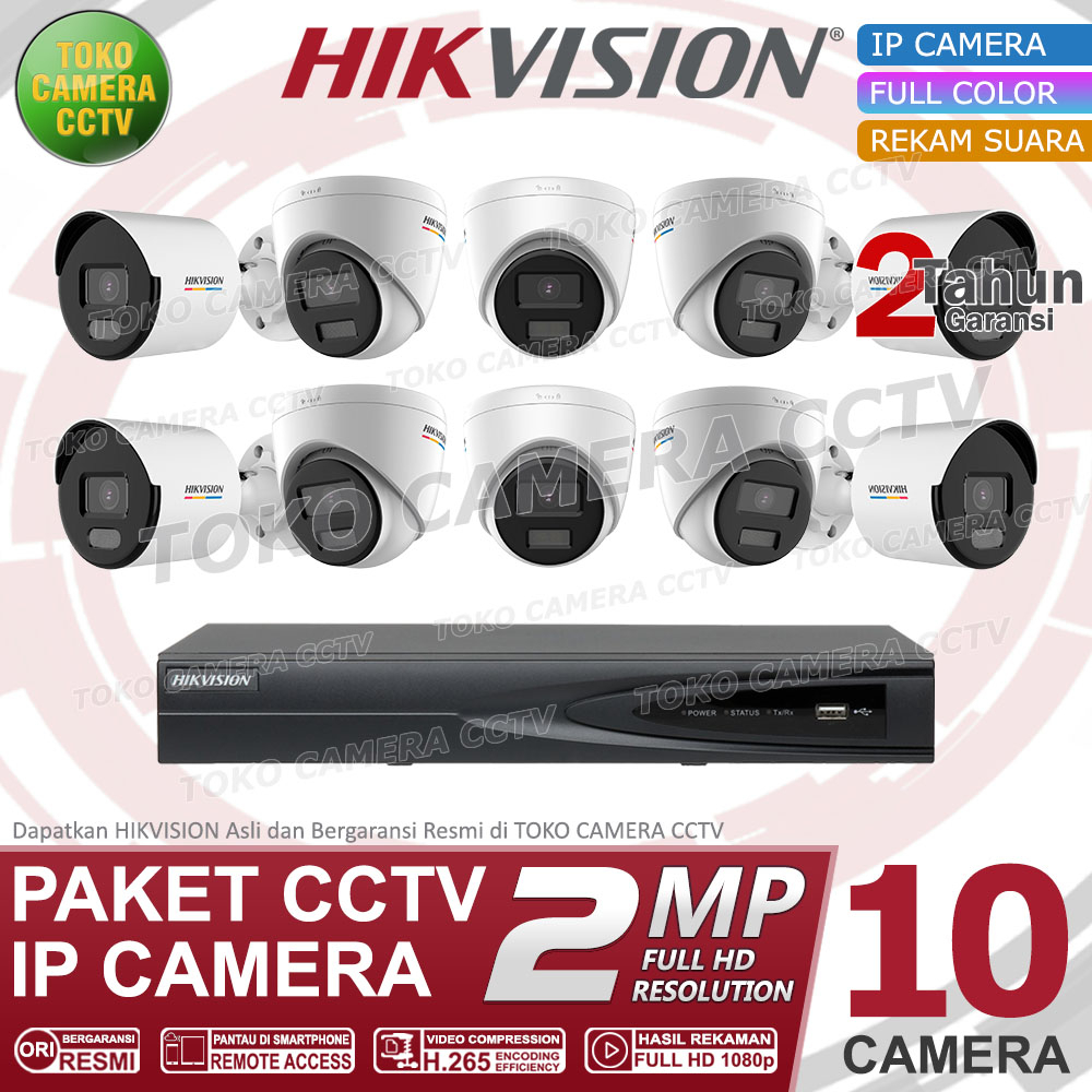 PAKET CCTV IP CAMERA HIKVISION 2MP COLORVU AUDIO 16 CHANNEL 10 KAMERA