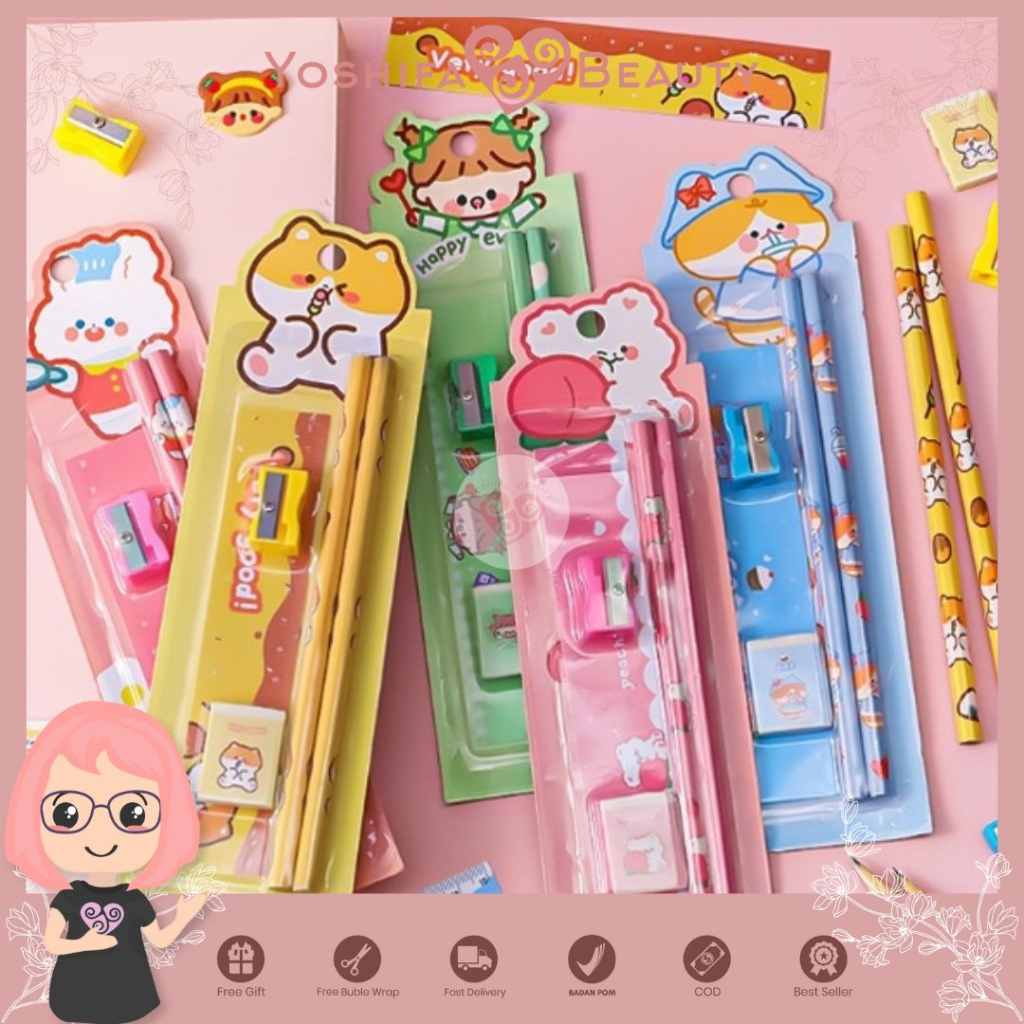 Set Alat Tulis Mini 5 in 1 Karakter Lucu Bunny Bear Cute Girl | Alat Tulis Set Mini Mini Set Stationary