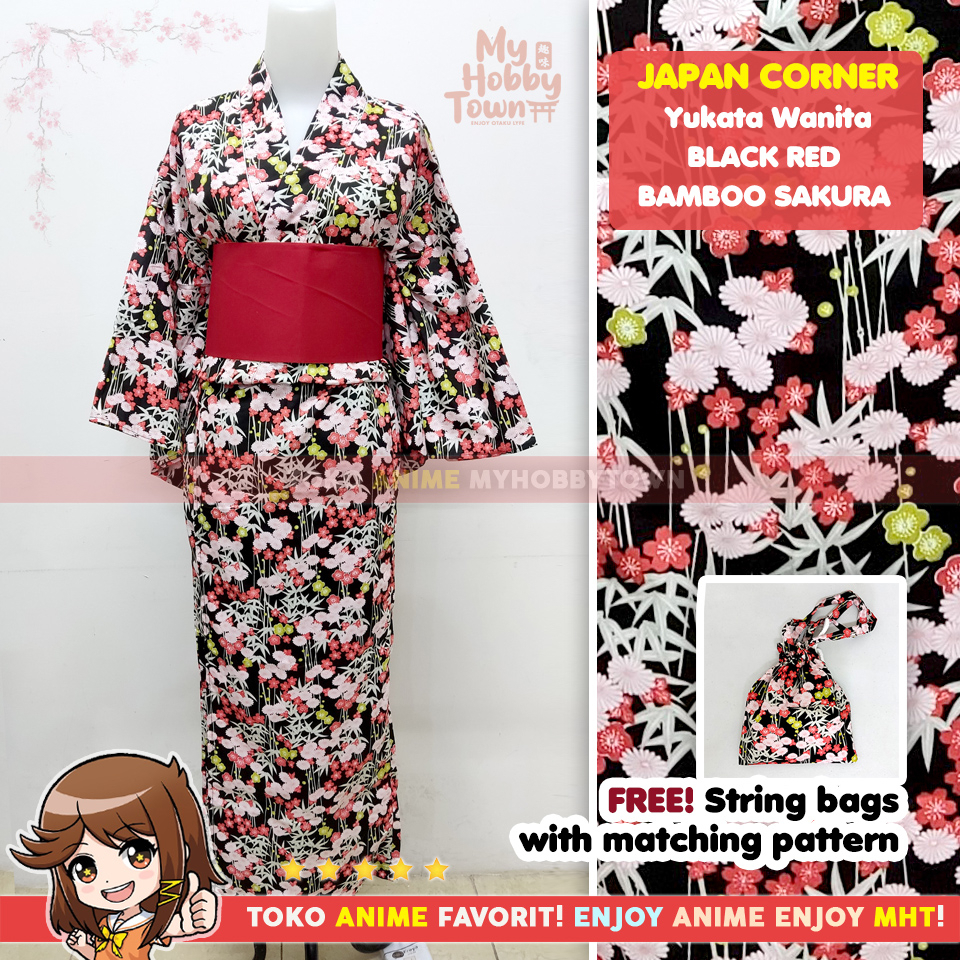 Yukata Kimono Wanita : Black Red Bamboo Sakura