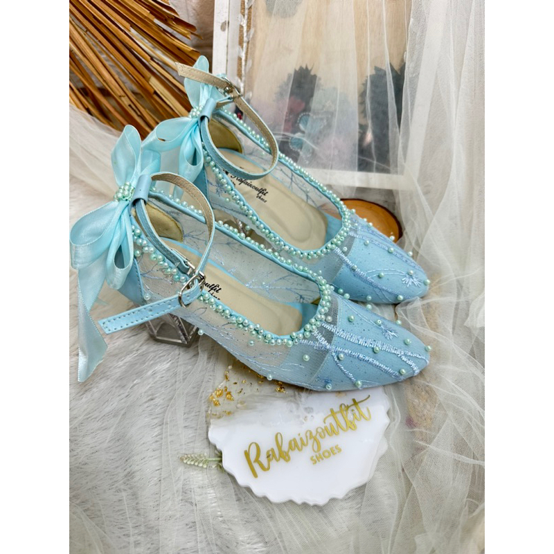 sepatu pesta jane wedding babyblue pita 7cm kaca