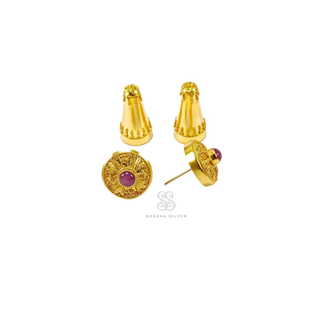 Anting Giwang Subeng Ruby Manik Perak Silver 925 Gold Plated BALI