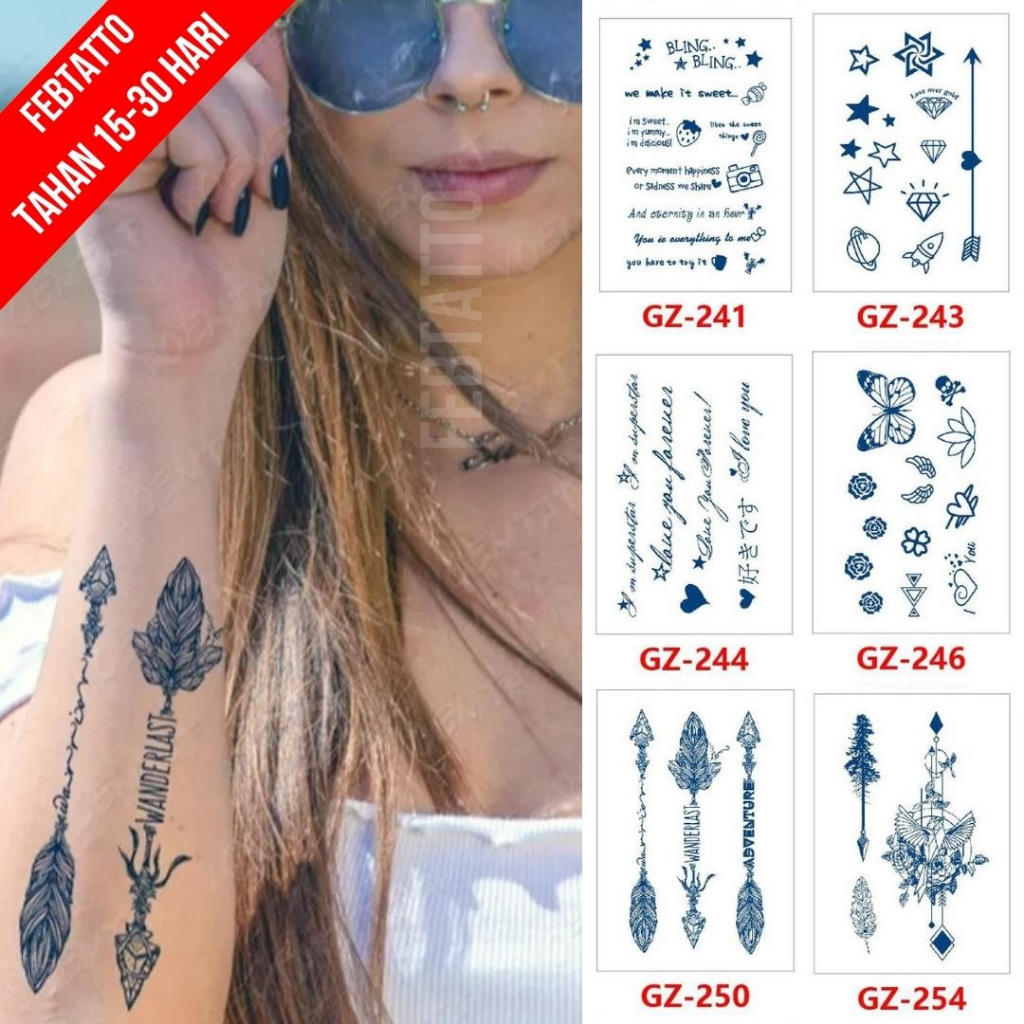 FRUIT INK Tato Semi Pemanent Tahan 1 Bulan Ukuran 11cmx18cmTato Lengan Tato Dada Tato tangan Tato Kaki Tato Punggung Tato Jari  Motif Aesthetic Tatto Temporary Stiker Tato Halal Grosir Tato air motif tulisan, bintang, bunga, panah GZ 250