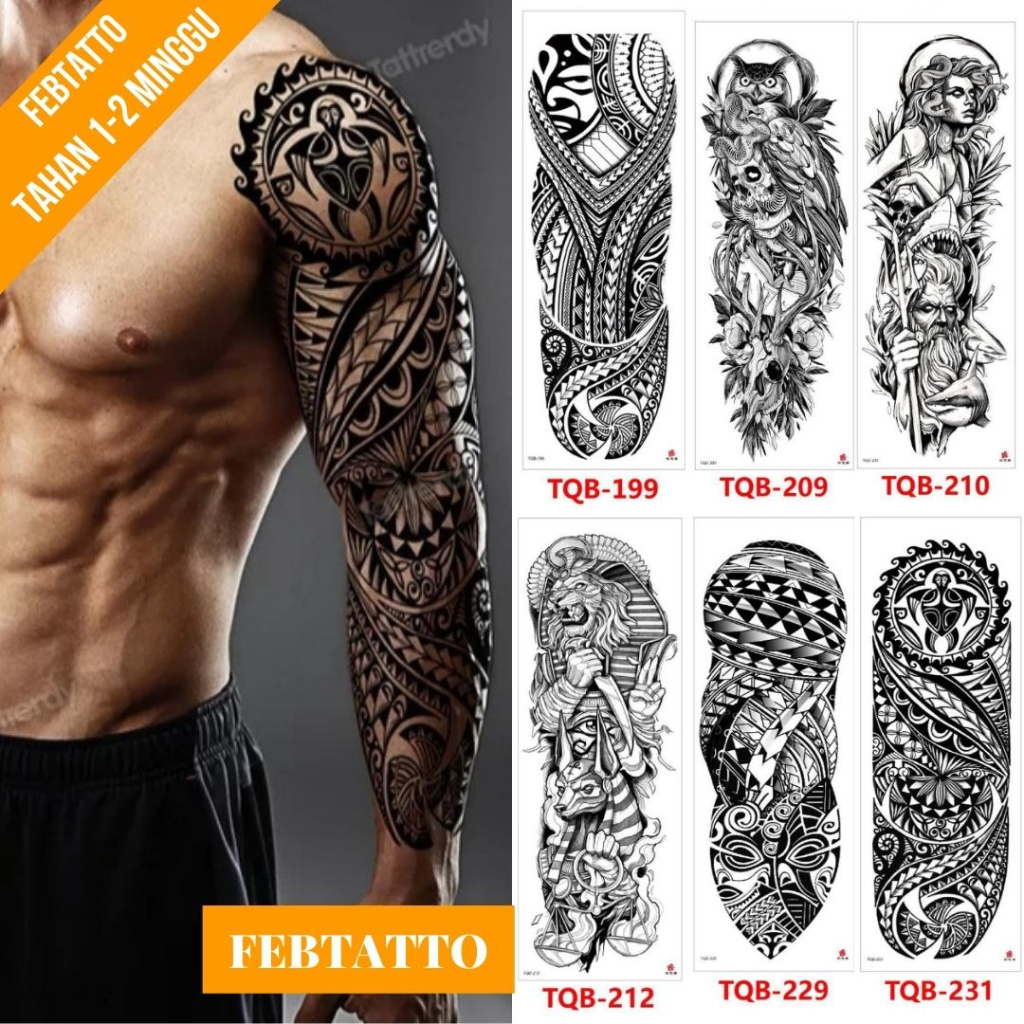 Tato Temporer Full Lengan Ukuran 17cm x 48cm Motif Tribal TQB 231 Tato Lengan Tato Dada Tato Tangan 