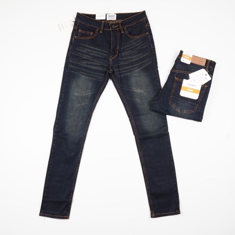 CELANA JEANS PRIA PULL&amp;BEAR NAVY THIN BROWN SKINNY STRETCH PULLANDBEAR PULL &amp; BEAR PULL P&amp;B BIRU TUA