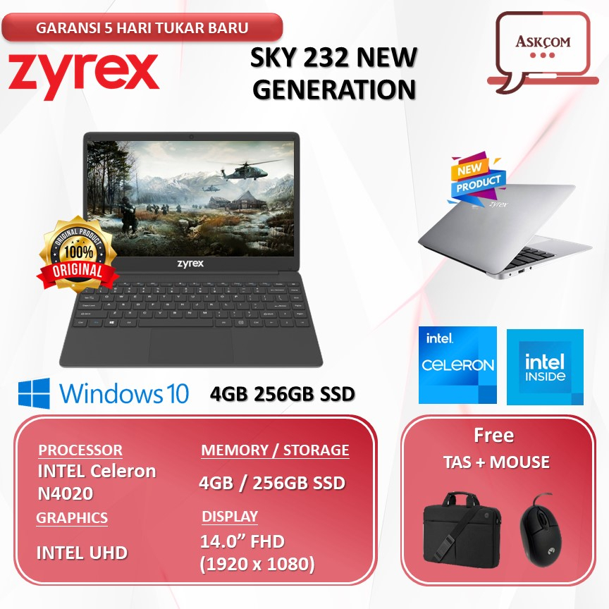 Laptop Zyrex SKY 232 NEW GENERATION N4020 4GB 256GB SSD+64GB W10 14.0FHD BT