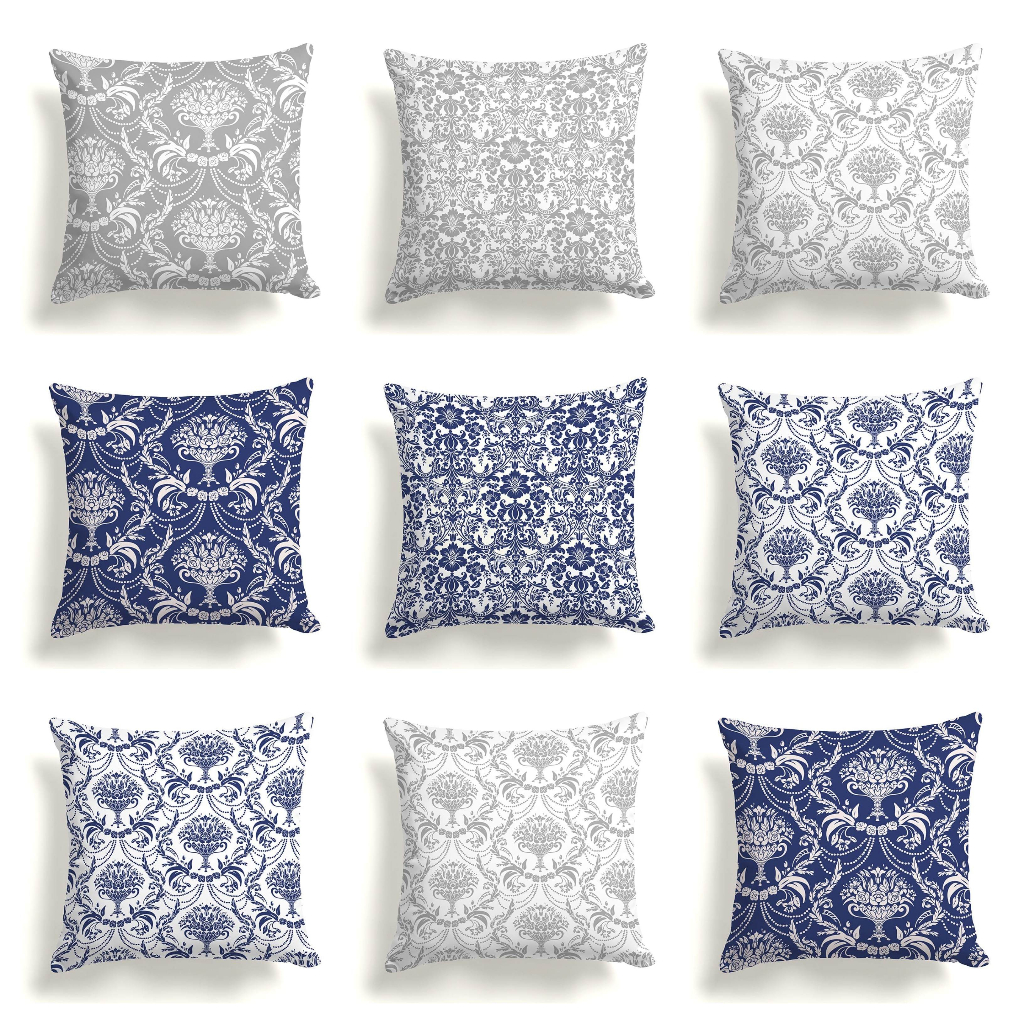 SARUNG Bantal Sofa Print 40x40 cm Damask Abstrak Biru Abu Blue Grey