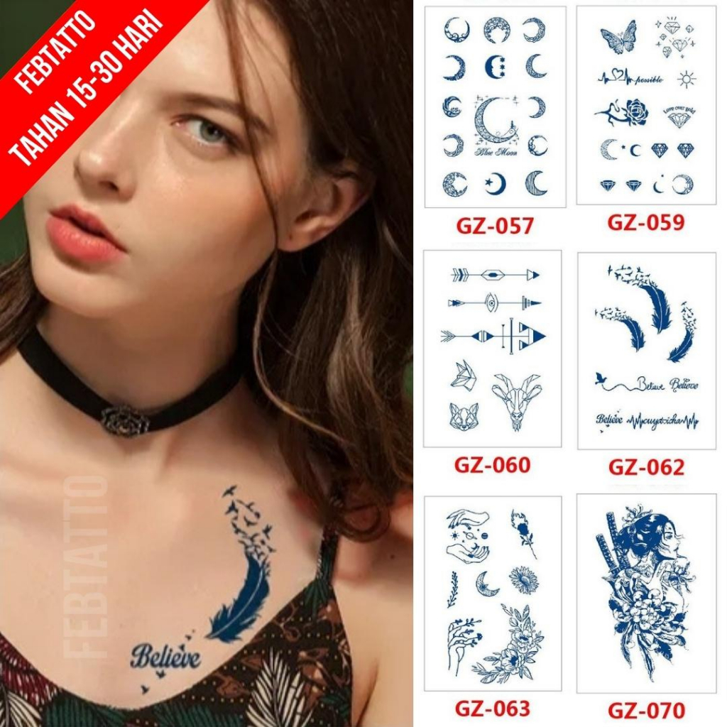 Tato Semi Pemanent Tahan 1 Bulan Ukuran 11cmx18cm Tato Lengan Tato Dada Tato tangan Tato Kaki Tato Punggung Tato Jari  Motif Aesthetic Tatto Temporary Stiker Tato Halal Grosir Tato air motif bulan, diamond, panah, bulu, tulisan, bunga, ghesia GZ 062