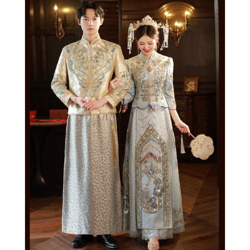 Realpic S-2XL CHW-51  Cheongsam couple mewah impor gaun sangjit biru gold pakaian chinese wedding ou