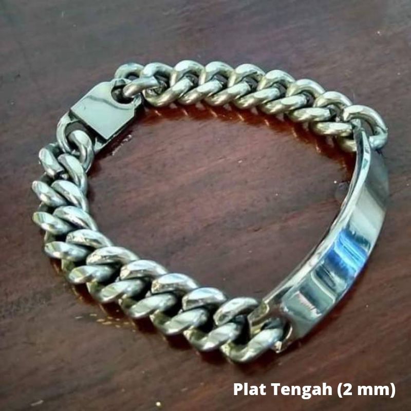 Gelang Rantai Monel Pria Plat Tengah 100% Anti Karat