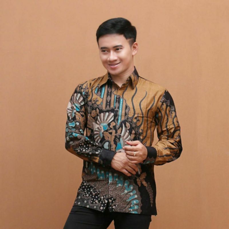 Kemeja Batik Cowok Lengan Panjang Ungu Abu Hitam Coklat Biru Merah Ukuran M L XL XXL/ Baju Batik Cowok