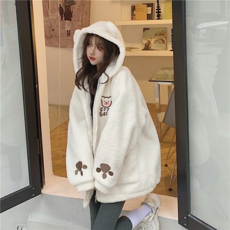 JAKET BULU BEAR CUTE BORDIR OVERSIZE WANITA KOREAN STYLE - JAKET SHERVA