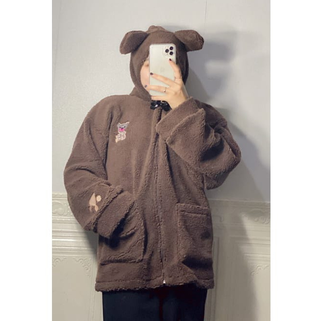 JAKET BULU BEAR CUTE BORDIR OVERSIZE WANITA KOREAN STYLE - JAKET SHERVA