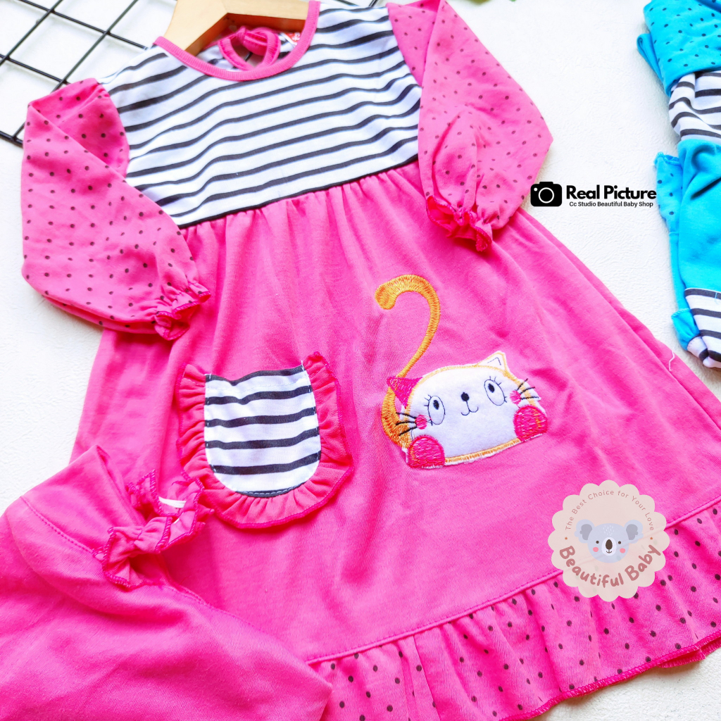 Baby.ou - Setelan Baju Bayi Muslim Perempuan 3-12 Bulan Motif Kucing / Set Hijab Bayi / Kerudung Bayi / Gamis Bayi Perempuan