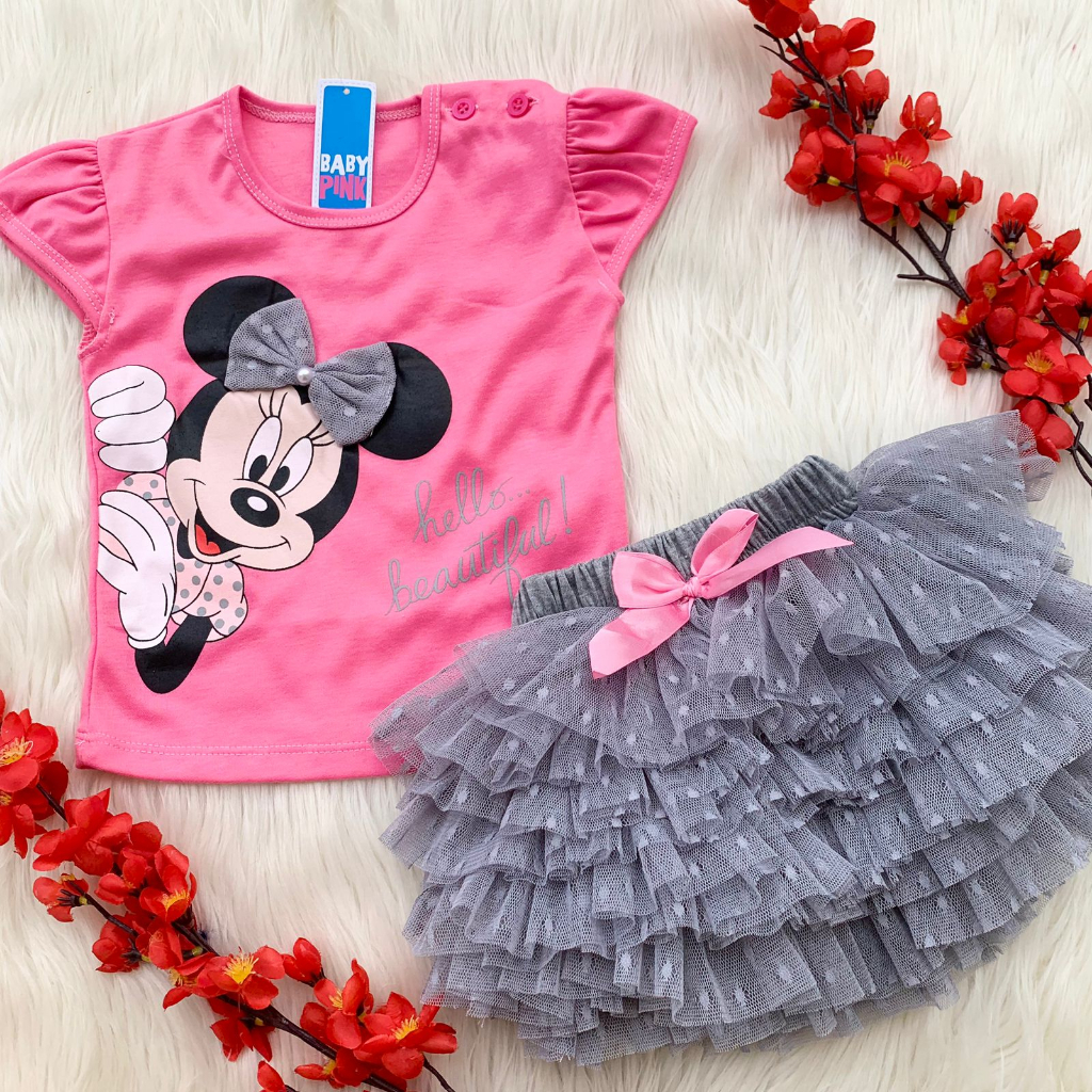 Baju setelan kaos rok tutu motif cantik bestseller fashion anak bayi cewek perempuan murah -hel