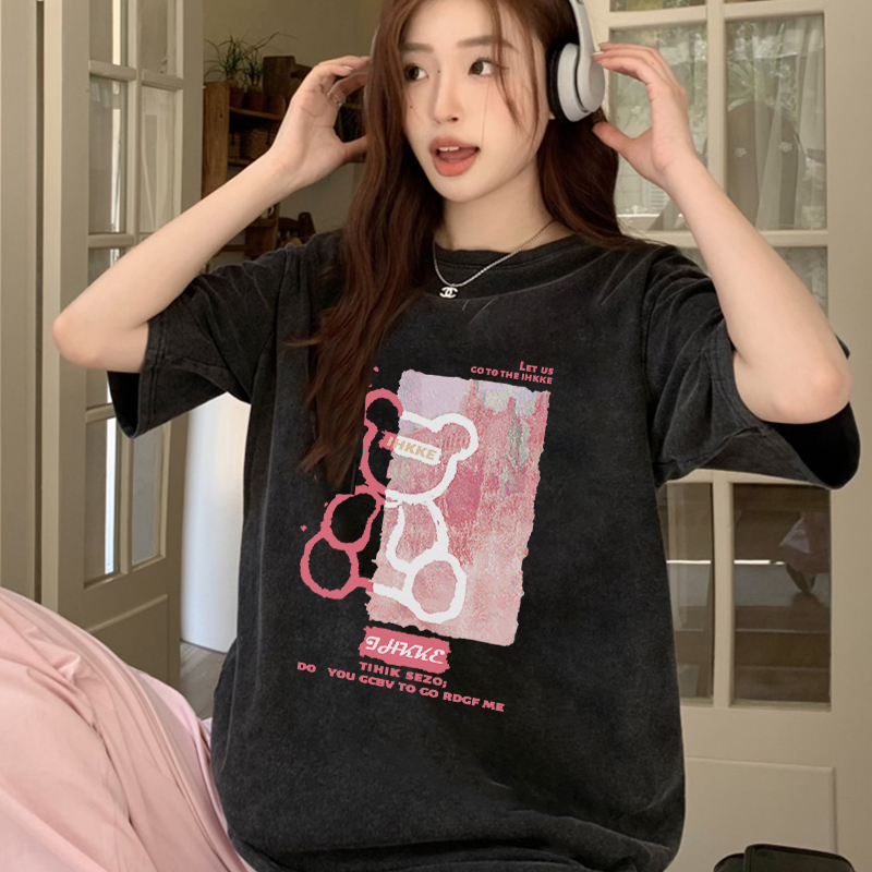 Print Washed T-shirt Kaos Lengan Pendek Oversize Hitam Vintage Plush Bear Korean Style Atasan Wanita