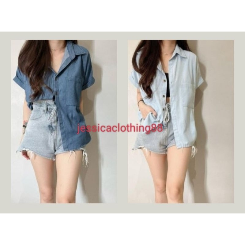 SQ JC88 - Yoshiko Shirt - Kemeja Wanita Denim Lengan Pendek Premium