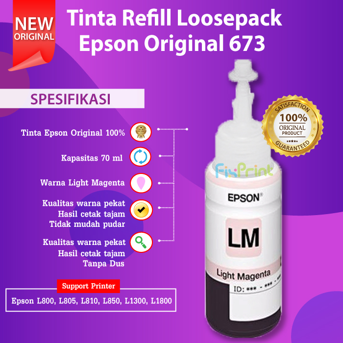 Tinta Epson Original No Box C13T673199 Tinta 673 Black Refill Printer L800 L805 L850 L1800 Original Loospack