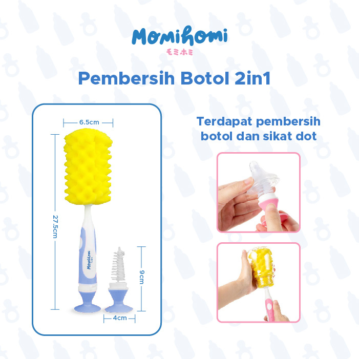 MOMI HOMI Pembersih Botol Dot 2 in 1 Baby Bottle Soft Brush Sikat Sponge Aksesoris Pembersih Botol 03 Susu Bayi dan Nipple Brush Spons Cleaner Tongkat Pembersih Botol Gelas