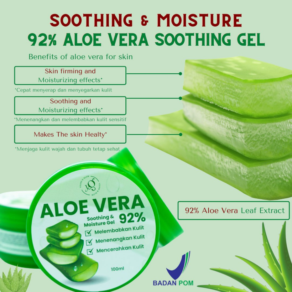 [COD] Young&amp;Glow Soothing dan Moisture Aloe Vera 92% Gel - BPOM