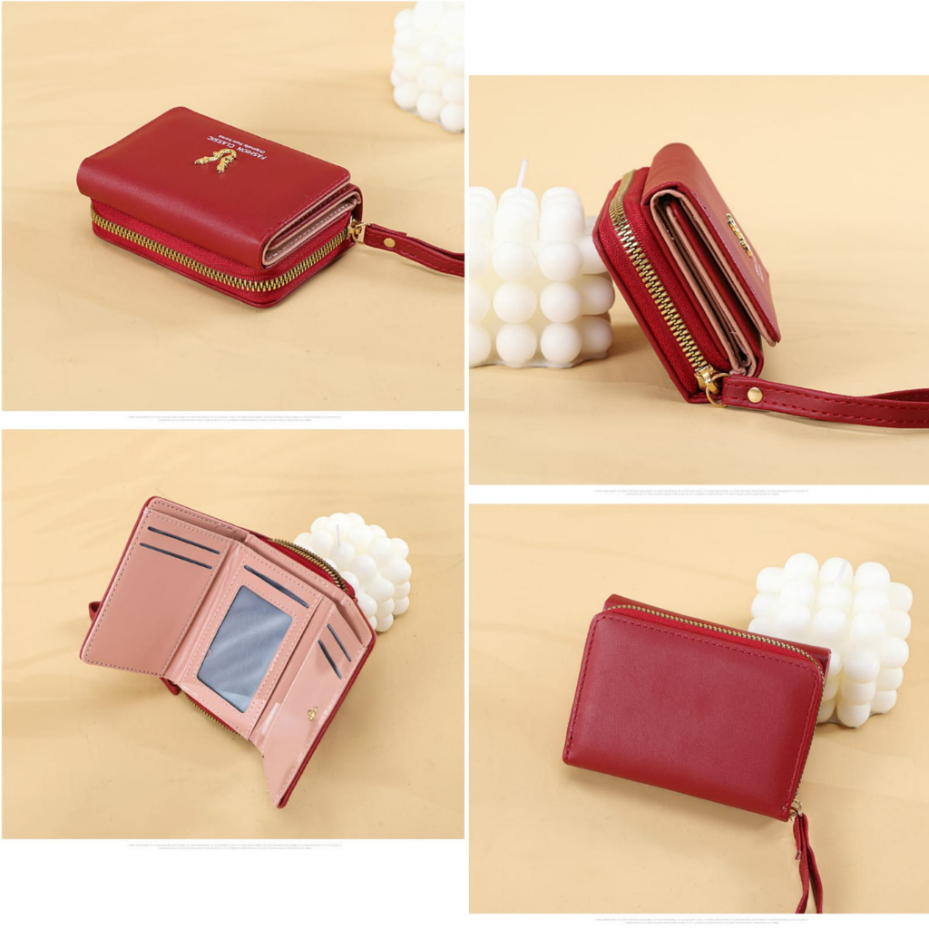 DOMPET LIPAT WANITA KECIL IMPORT KULIT MERAH PALMEY WA679R1 PREMIUM CEWEK KOREA REMAJA SLOT KARTU RESLETING UANG KOIN KERTAS MINI PENDEK LUCU SIMPLE KEKINIAN FASHION ORI BATAM BRANDED