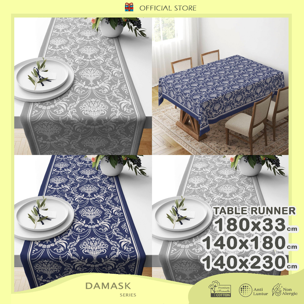 Table Runner Taplak Meja Print Motif Damask Blue Grey 180x33 / 140x180 / 140x230 cm - Pusat Kado Murah