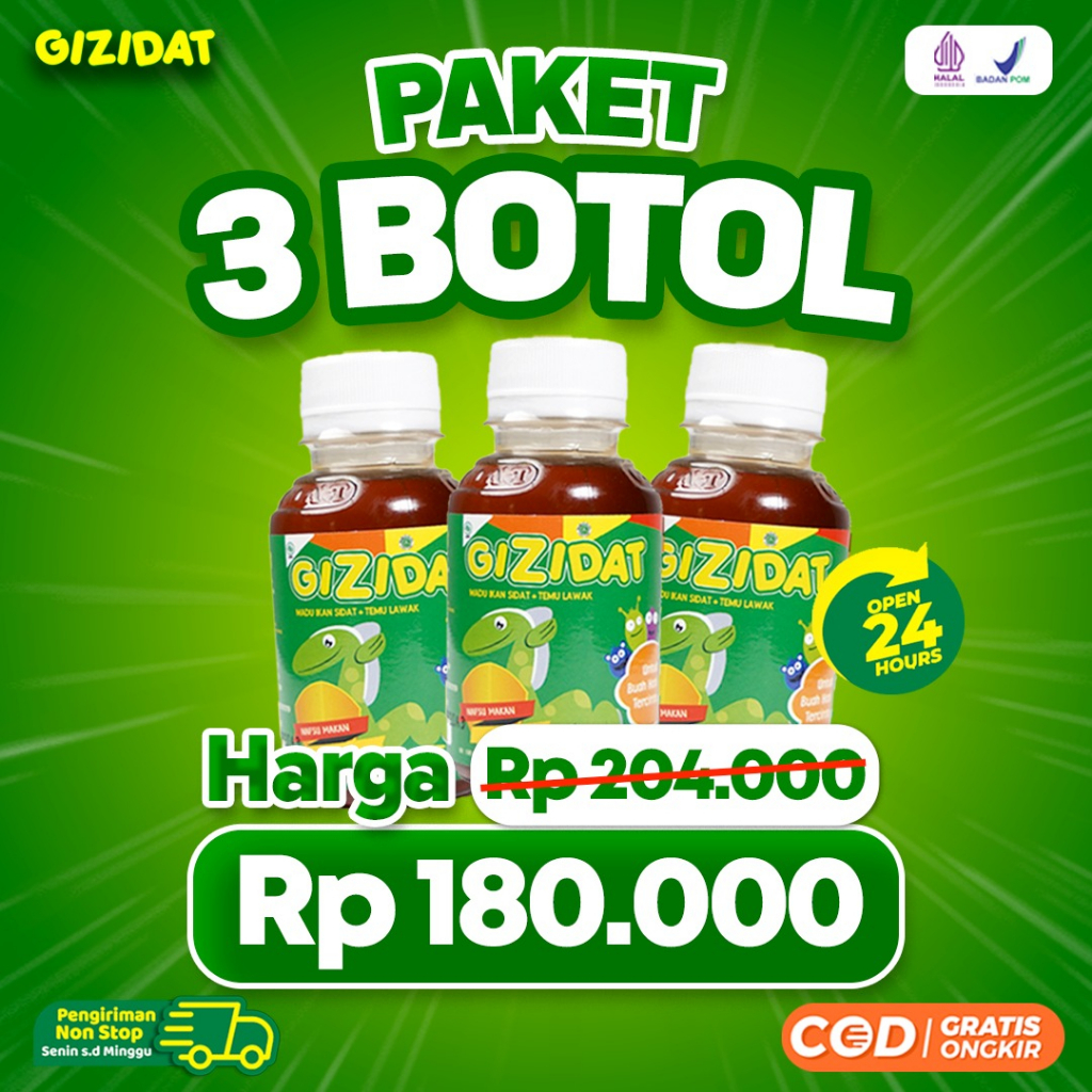 Gizidat Paket Berat Badan 3 Botol - Madu Penambah Nafsu Makan Anak Tumbuh Cerdas Ekstrak Ikan Sidat Naikkan Berat Badan Lancarkan Pencernaan &amp; Tingkatkan Kecerdasan Otak Anak